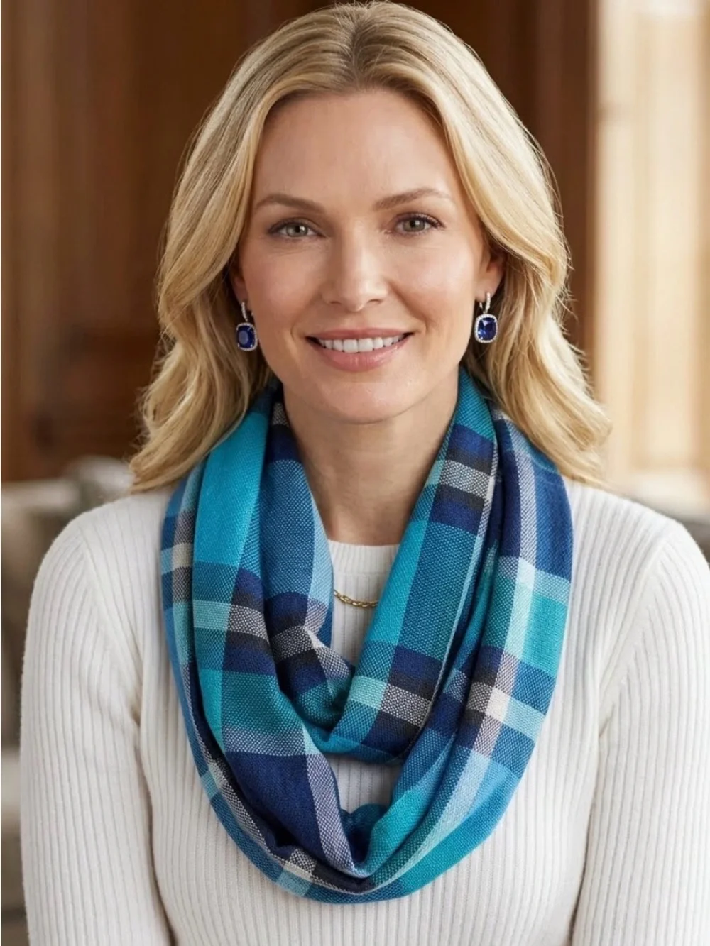 V. FRAAS Cashmink Blue Plaid Infinity Scarf